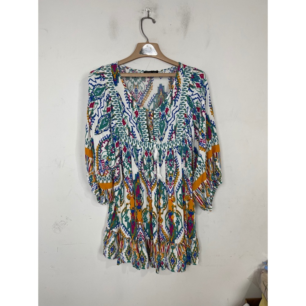 Rachel Zoe Womens 1X Multi‎ Color Tribal Ikat Print Tassel Babydoll Tunic Top
